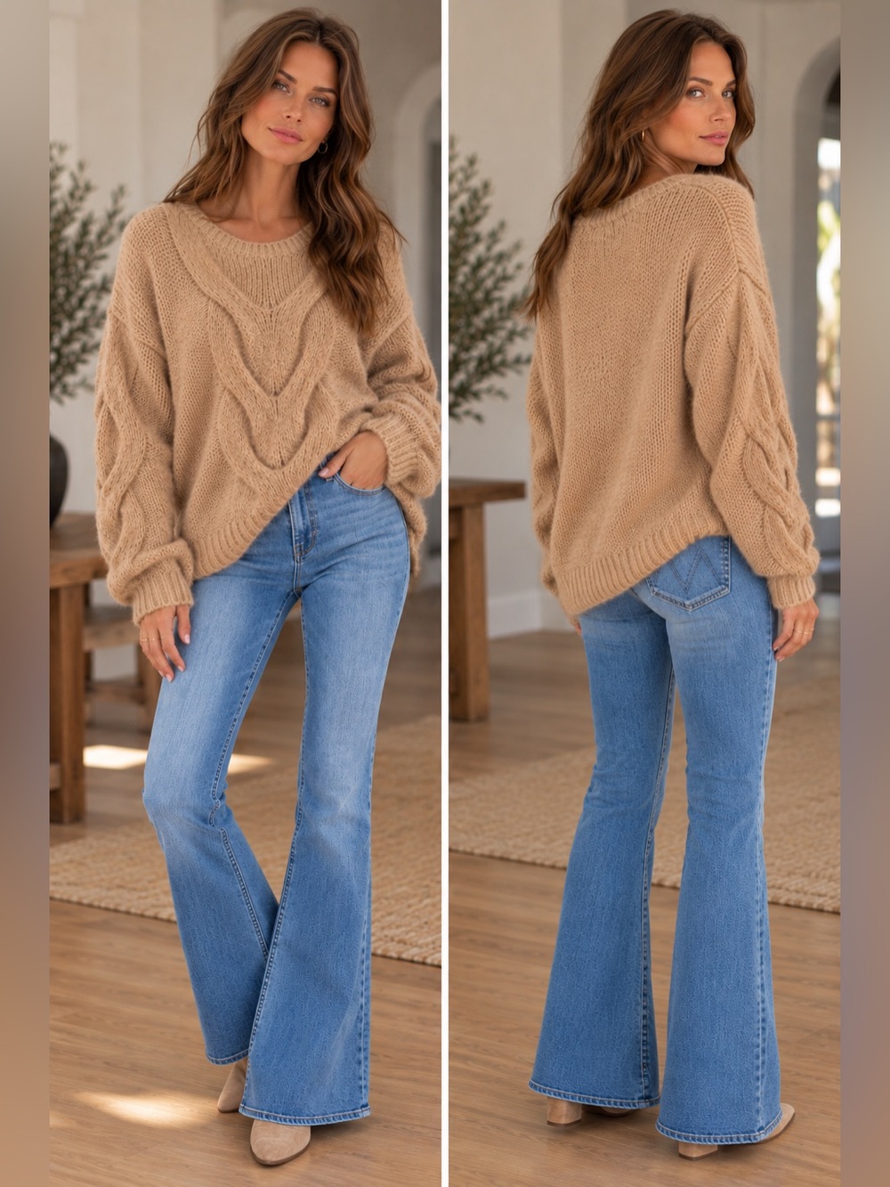 Bluivy V-Neck Cable Knit Sweater in Camel